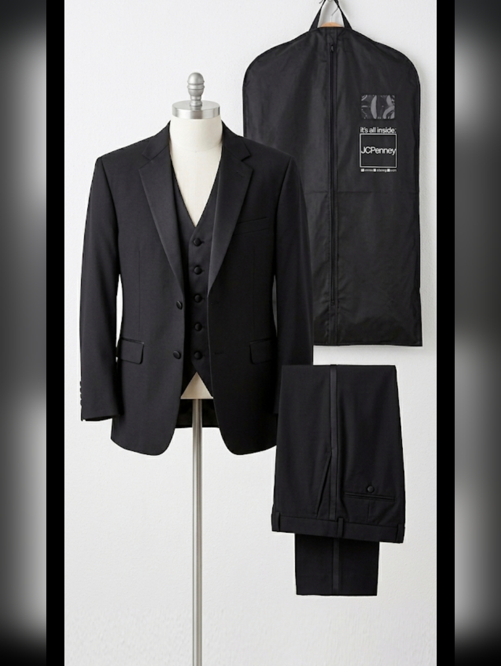 Stafford Black Three-Piece Tuxedo Size 48 Regular With Garment Bag